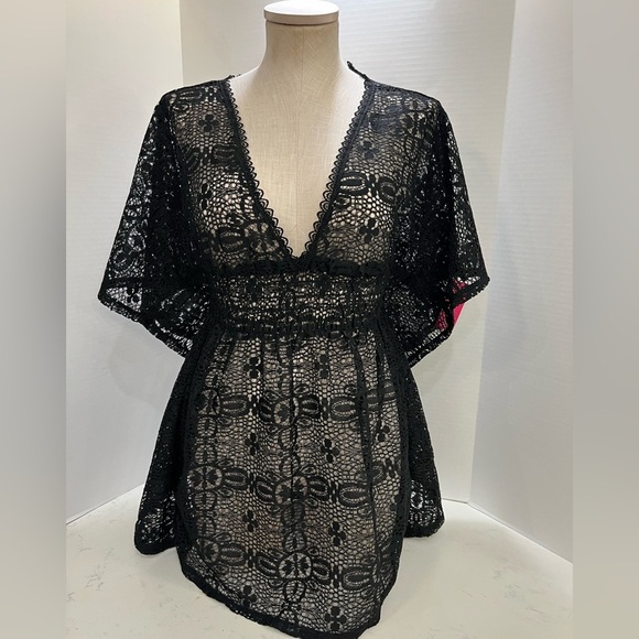 Black Lace Kimono Swim Coverup with V-Neck - Picture 1 of 10
